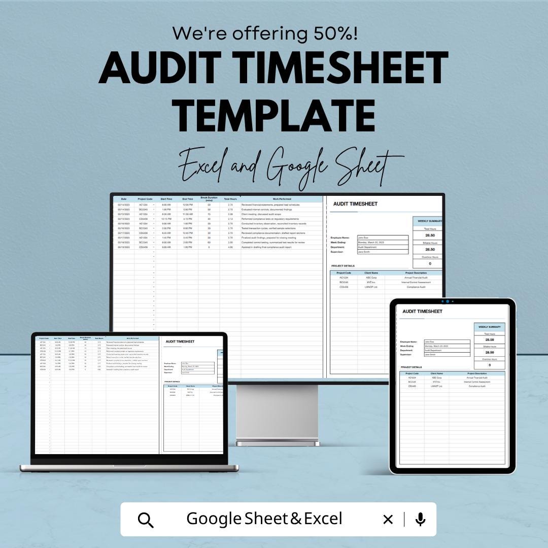 Audit Timesheet Template | Auditor Time Tracking Sheet | Compliance & Activity Log | Excel and Google Sheets | Audit Work Tracker