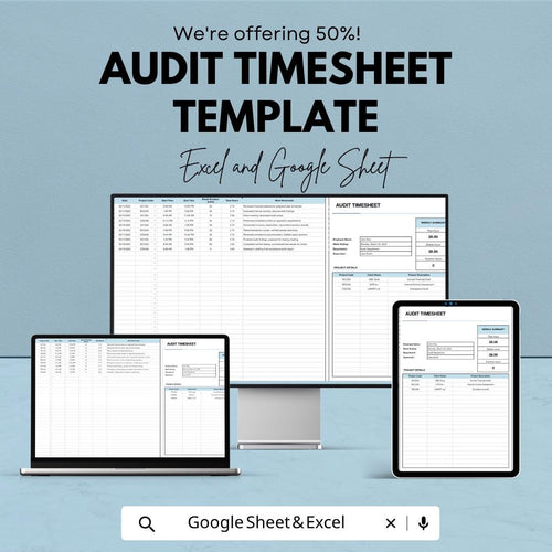 Audit Timesheet Template | Auditor Time Tracking Sheet | Compliance & Activity Log | Excel and Google Sheets | Audit Work Tracker
