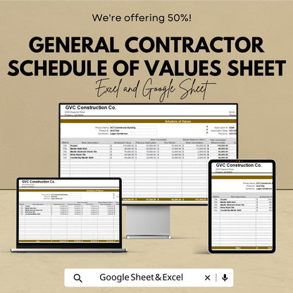 General Contractor Schedule of Values Sheet | Excel & Google Sheets | Cost Breakdown, Project Management Template
