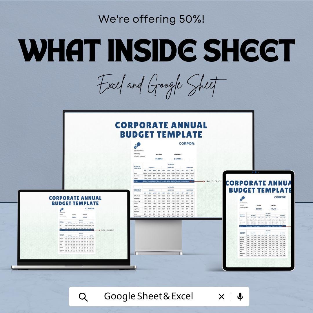 Corporate Annual Budget Template | Business Budget Spreadsheet | Financial Planning Template | Company Expense Tracker