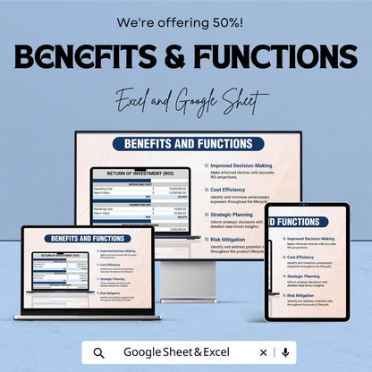 ROI Calculator for Product Lifecycle Management | Excel and Google Sheets Template | Cash Flow, Investment & Marketing ROI | 50% OFF