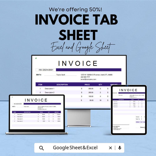 Invoice Tab Template - Excel & Google Sheets - Simple, Customizable Invoice Tracker for Businesses