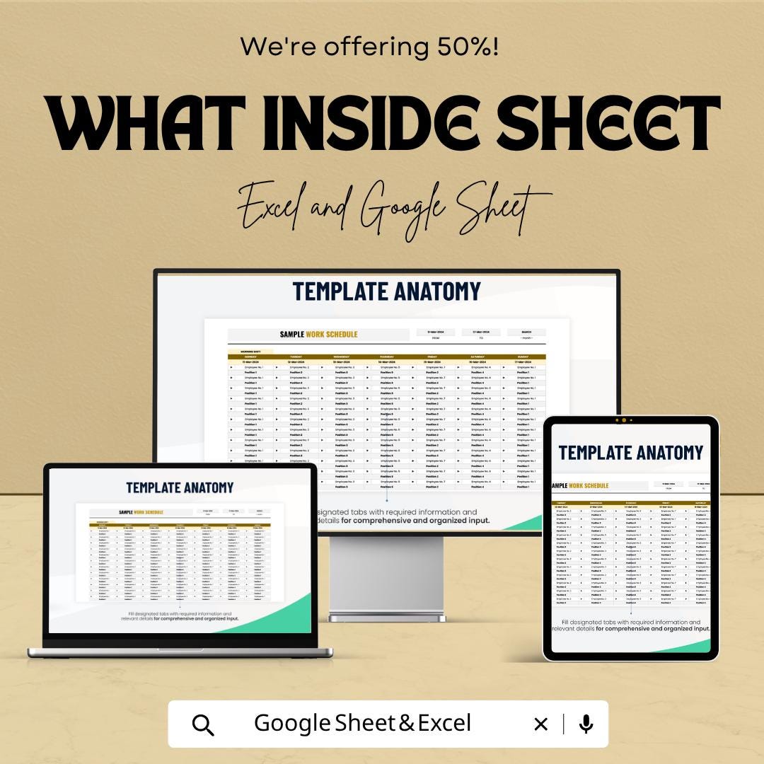 Work Schedule Template Excel Google Sheets | Employee Shift Schedule Planner | Staff Roster Spreadsheet | Weekly Work Schedule Template