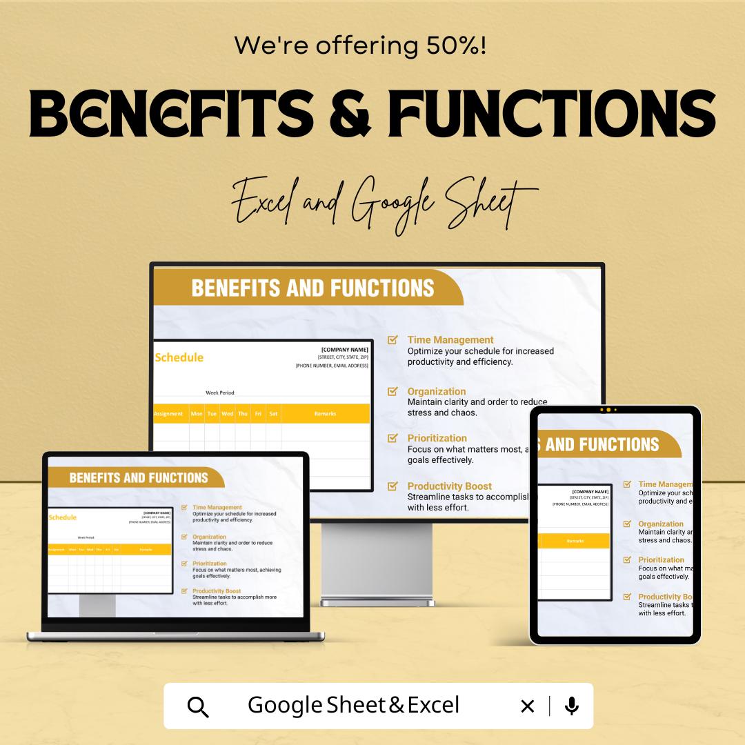 Weekly Schedule Sheet – Excel & Google Sheet Template | Employee and Task Planner | 50% Off