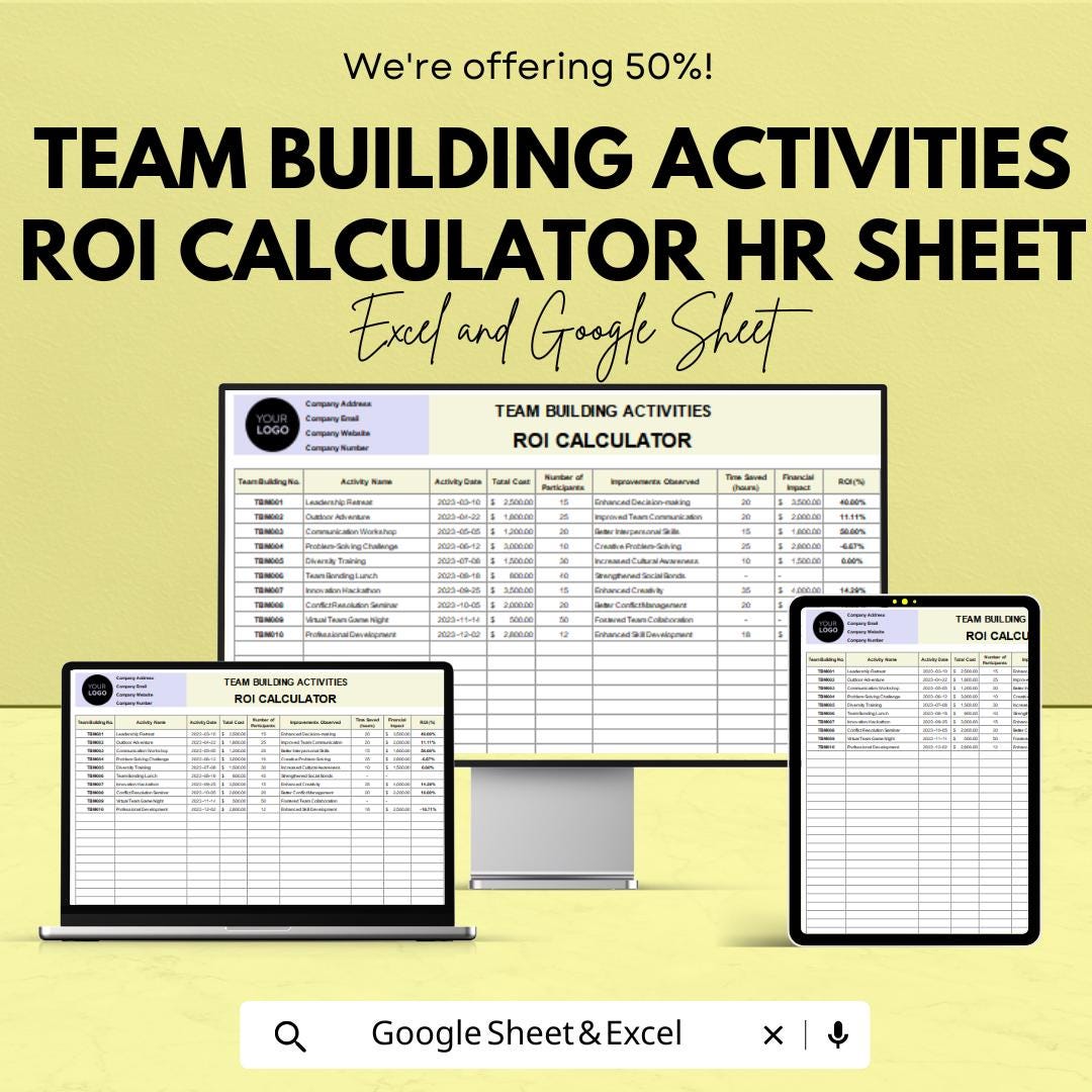Team Building ROI Calculator | HR Excel & Google Sheet | Track Activity Costs, Measure Team Impact | Editable Workplace Budget Tool
