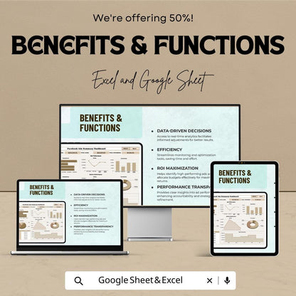 Facebook Ads Dashboard Template - Google Sheet for Facebook Advertising Insights - Marketing & ROI Tracker - Ads Performance Analysis Tool