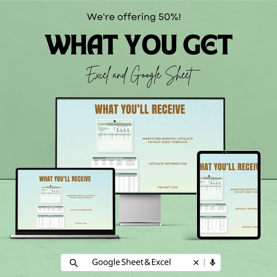 Marketing Monthly Affiliate Payout Sheet - Excel & Google Sheets Template for Tracking Affiliate Payments, Commission Payouts, and Earnings