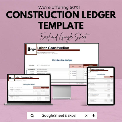 Construction Ledger Template | Excel Construction Accounting Spreadsheet | Google Sheets Ledger Tracker | Contractor Expense Tracker |