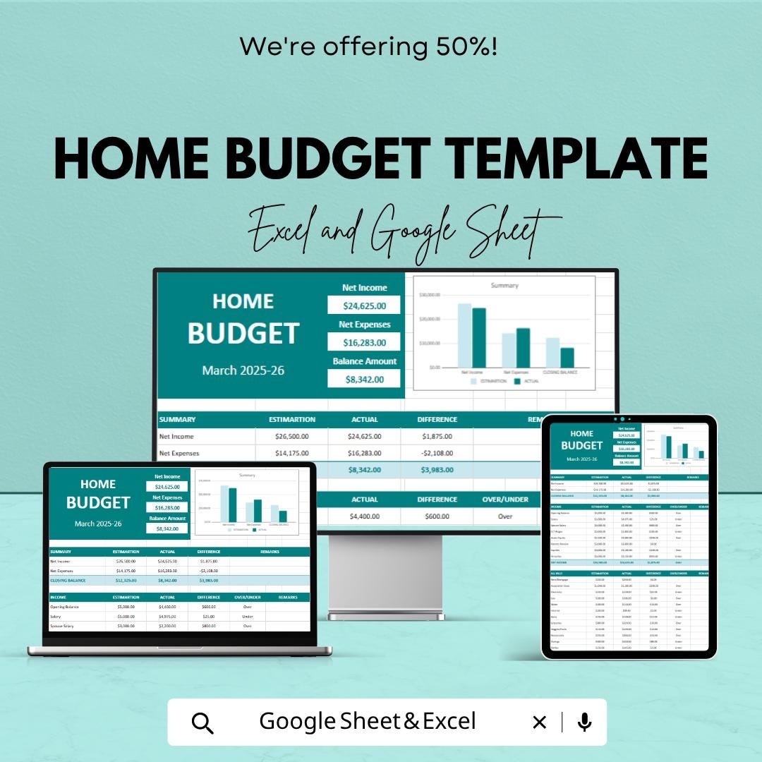 Home Budget Template Excel Google Sheets | Monthly Budget Planner Spreadsheet | Expense Tracker | Household Finance Planner |