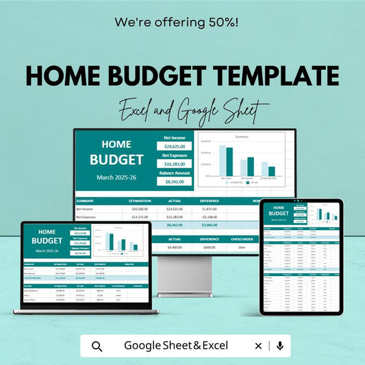 Home Budget Template Excel Google Sheets | Monthly Budget Planner Spreadsheet | Expense Tracker | Household Finance Planner |
