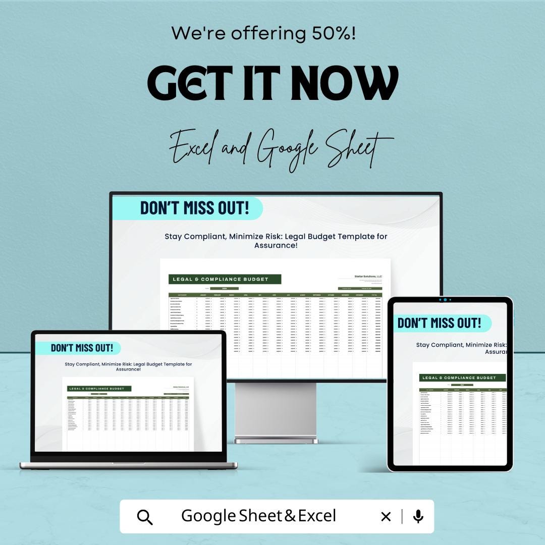 Legal and Compliance Budget Template | Legal Expense Tracker | Compliance Budget Spreadsheet | Business Budget Planner