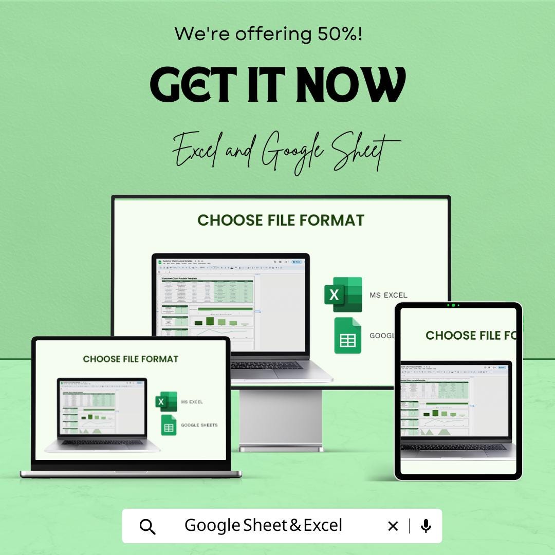 Customer Churn Analysis Template | Excel & Google Sheets Churn Dashboard | Retention and Customer Analytics Spreadsheet