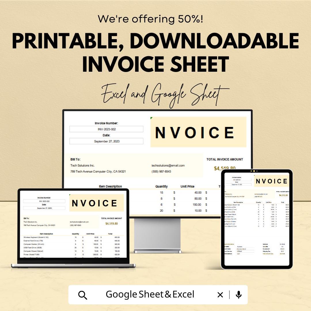 Printable Downloadable Invoice Sheet Template for Excel and Google Sheets | Customizable & Editable Invoice Format