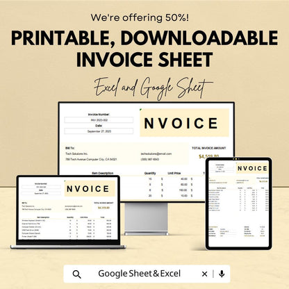 Printable Downloadable Invoice Sheet Template for Excel and Google Sheets | Customizable & Editable Invoice Format