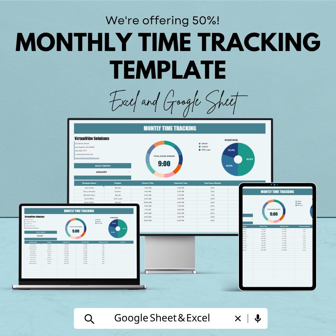 Monthly Time Tracking Template | Employee Time Tracker Spreadsheet | Timesheet Template Excel | Work Hours Tracker | Excel & Google Sheets