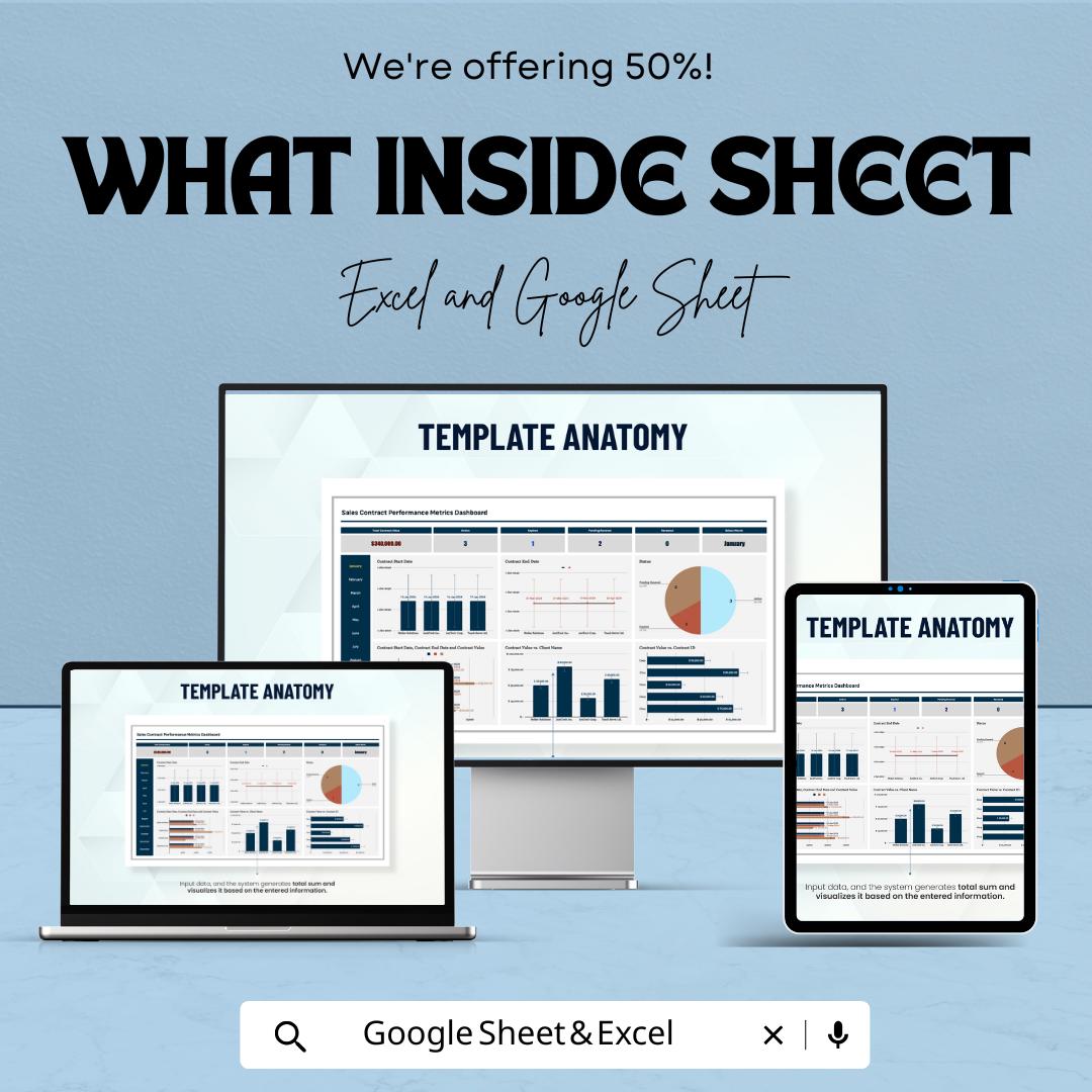 Sales Contract Performance Metrics Dashboard | Excel and Google Sheet Template for Tracking Contracts & Client Metrics | Real-Time Updates