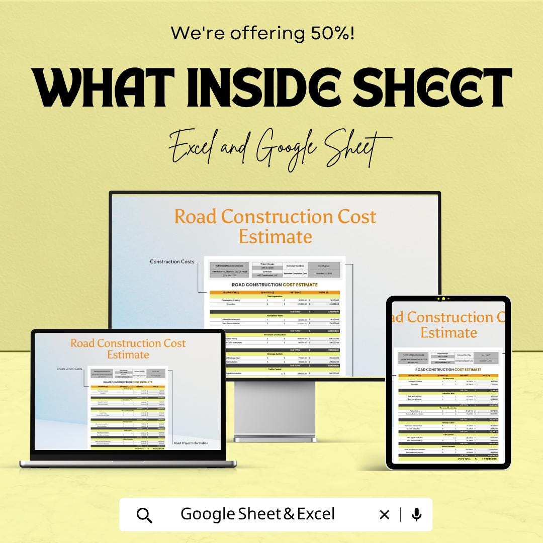 Road Construction Cost Estimate Template Excel Google Sheets | Construction Estimate Spreadsheet | Project Cost Calculator |