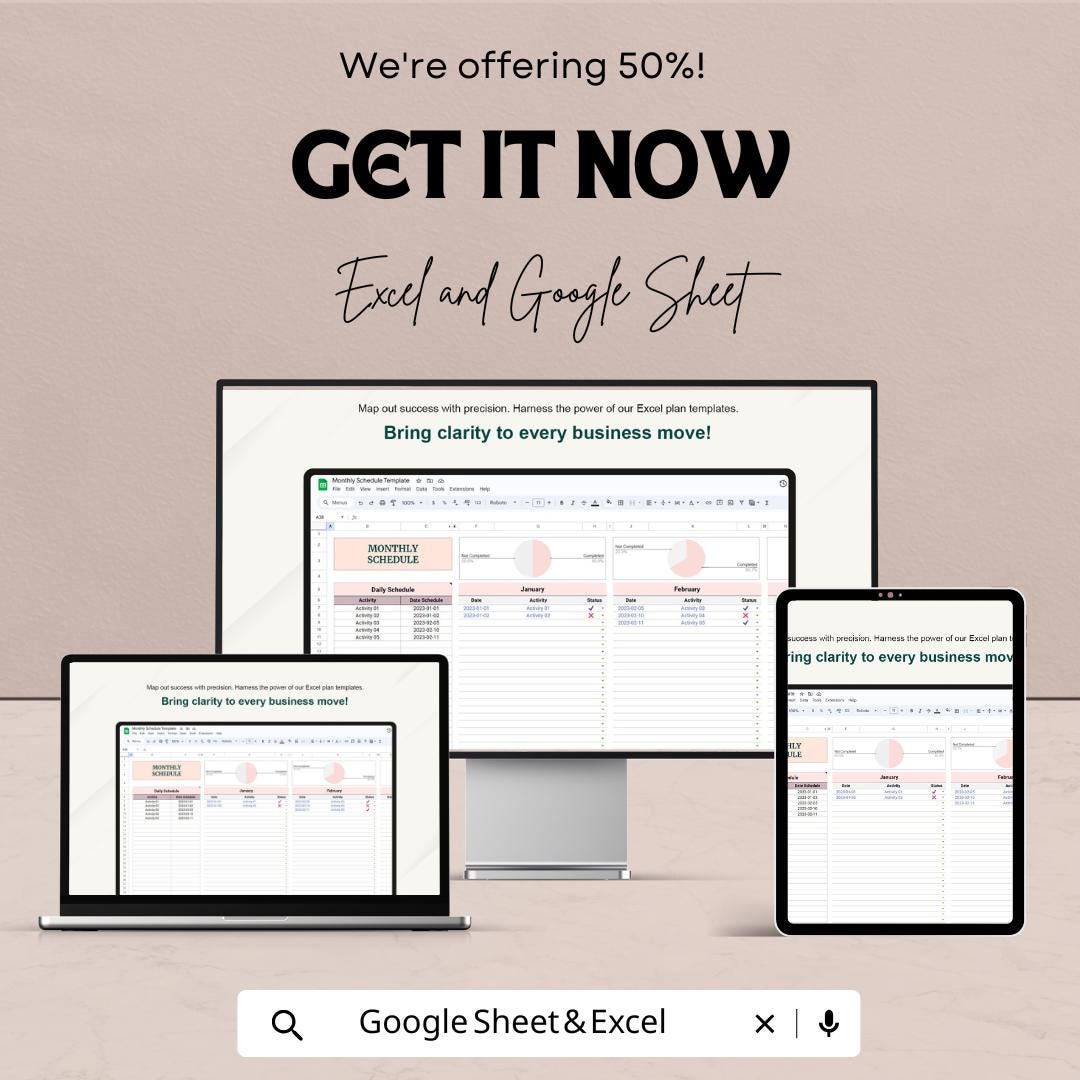Monthly Schedule Template - Excel and Google Sheets - Time Management Planner - Customizable Calendar - Task & Activity Tracker