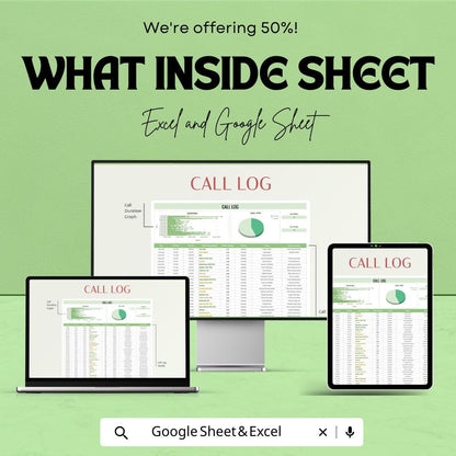 Call Log Sheet | Google Sheets & Excel Template | Client Call Tracker with Duration Graph, Call Type Chart, CRM Log for Business