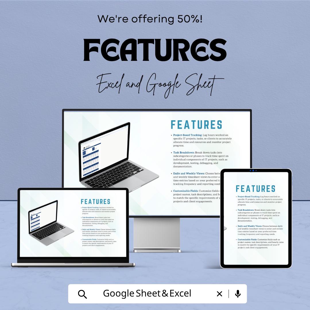 IT Employee Timesheet Template | Project Time Tracking Spreadsheet | Weekly Timesheet | IT Work Log | Staff Time Tracker