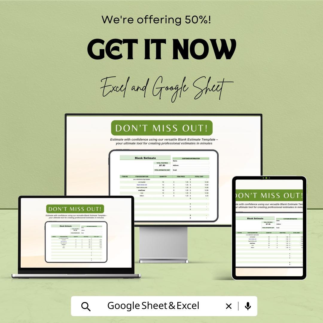 Blank Estimate Sheet | Excel & Google Sheets Template | Professional Estimate Template | Instant Download | Customizable Estimate Format