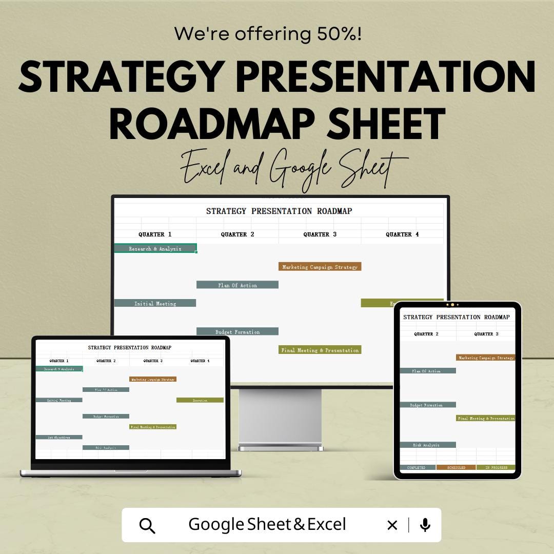 Strategy Presentation Roadmap Sheet - Excel and Google Sheets Template for Project Planning, Marketing Strategy & Budget Tracking