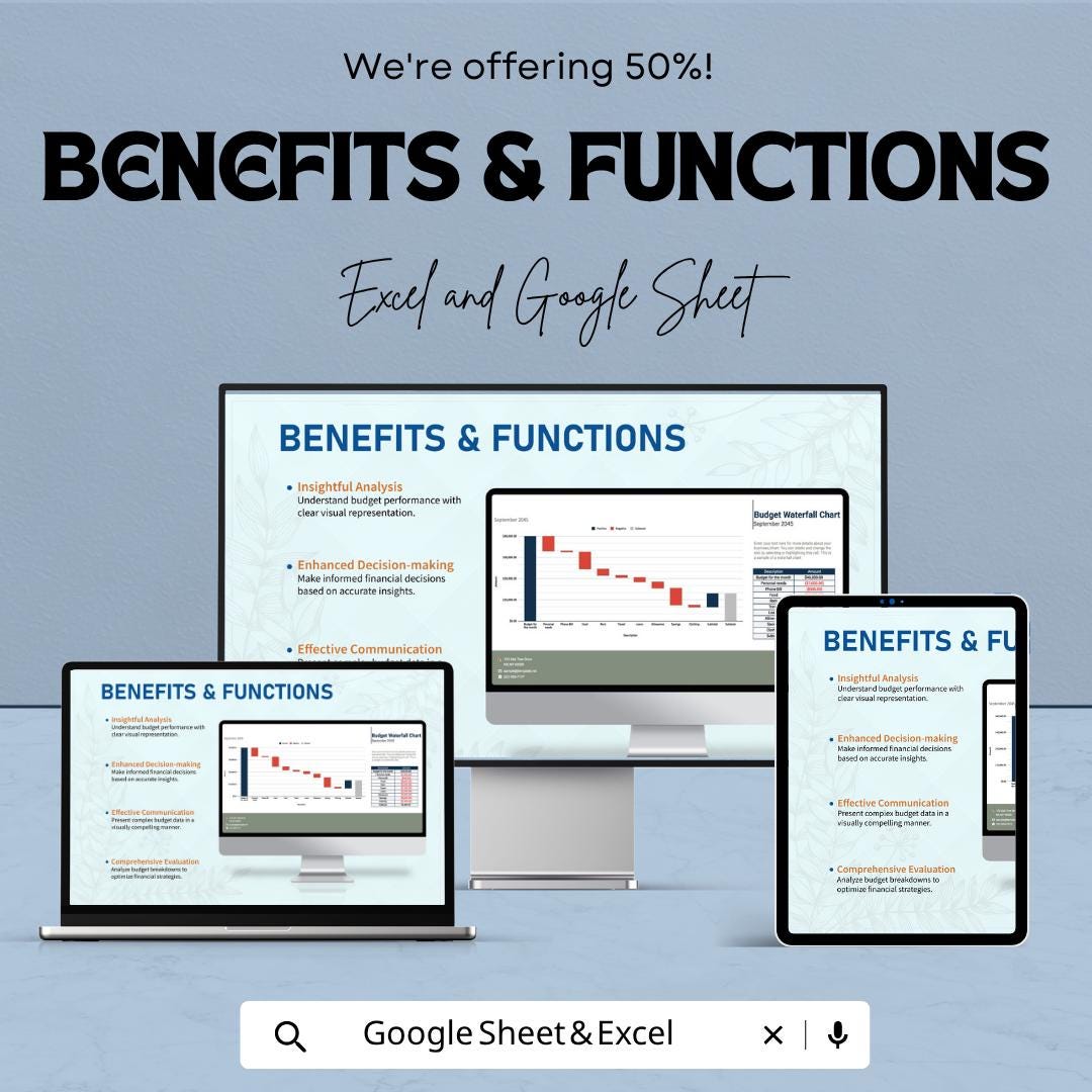 Budget Waterfall Chart Template | Waterfall Chart Spreadsheet | Budget Analysis Template | Excel & Google Sheets | Income Expense