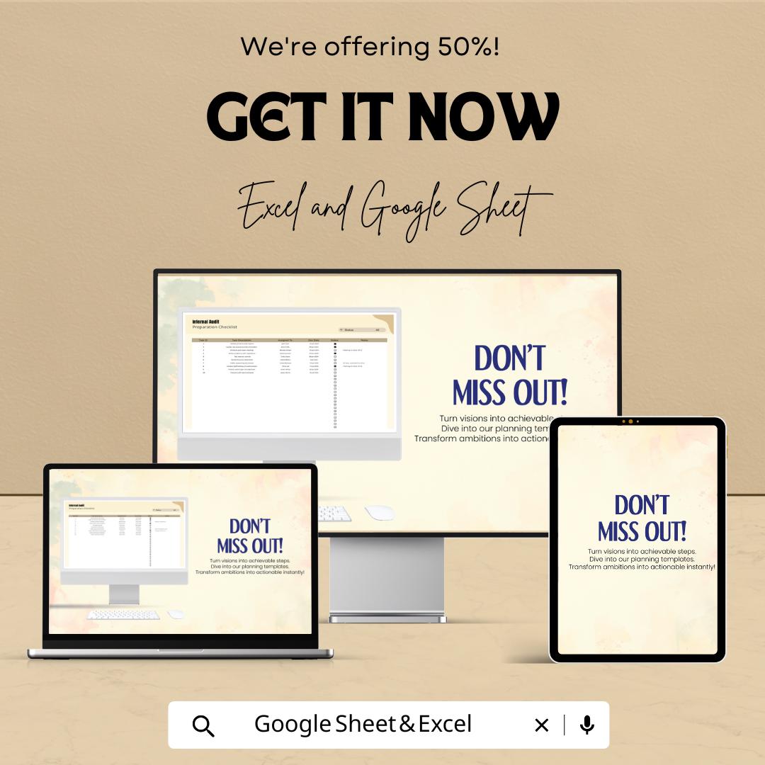 Internal Audit Preparation Checklist Sheet - Excel and Google Sheet Template for Audit Planning | Task Management & Compliance Tracking