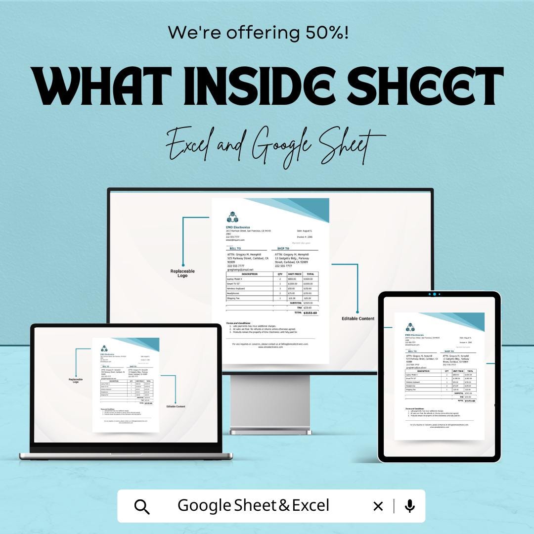 Invoice Receipt Sheet for Excel & Google Sheets – Customizable Template for Business Use, Printable Invoice, Invoice Generator,