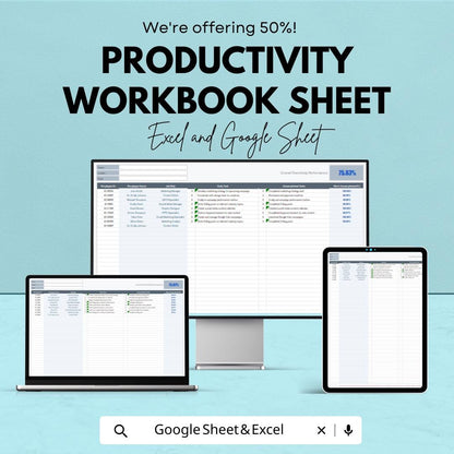 Productivity Workbook Sheet - Track Daily Tasks and Goals | Excel & Google Sheet | Improve Work Efficiency | Daily Performance Tracker