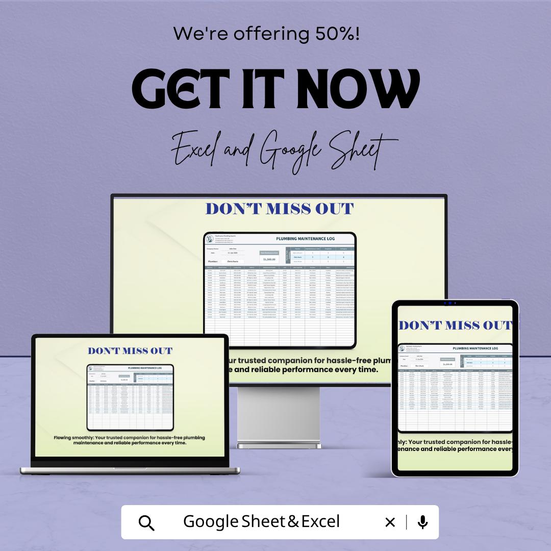 Plumbing Maintenance Log Template | Plumbing Service Tracker | Maintenance Spreadsheet Template | Excel & Google Sheets | Repair Log Sheet |