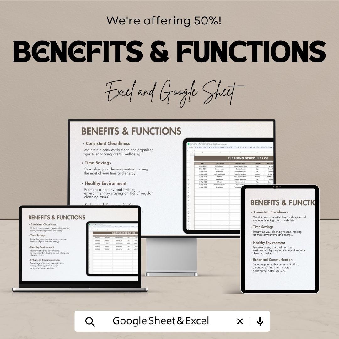 General Cleaning Schedule Template | Cleaning Checklist Spreadsheet | Home Cleaning Planner | Cleaning Log Tracker