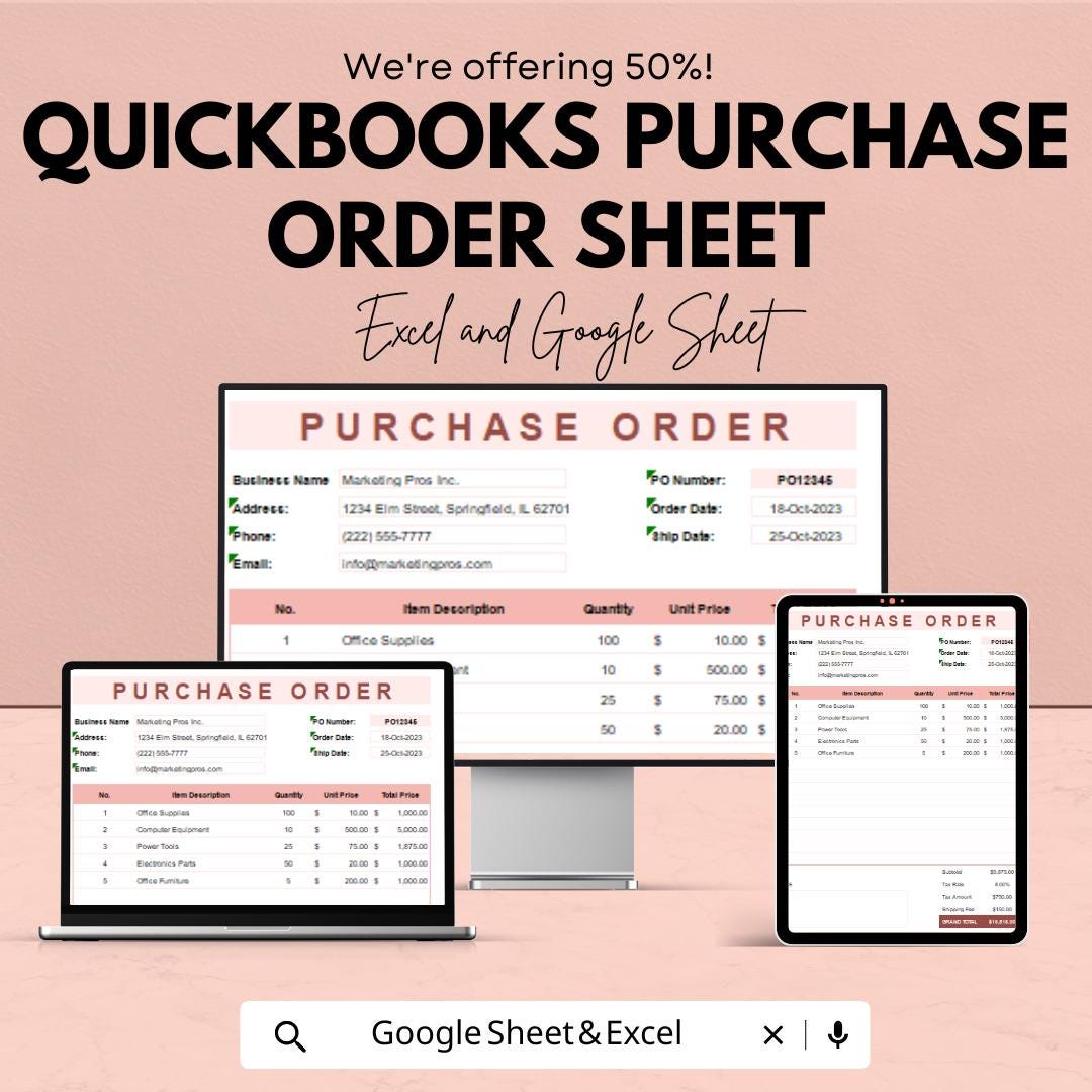 QuickBooks Purchase Order Template | Fillable PO Form in Excel & Google Sheets | Editable Procurement Sheet | Instant Download