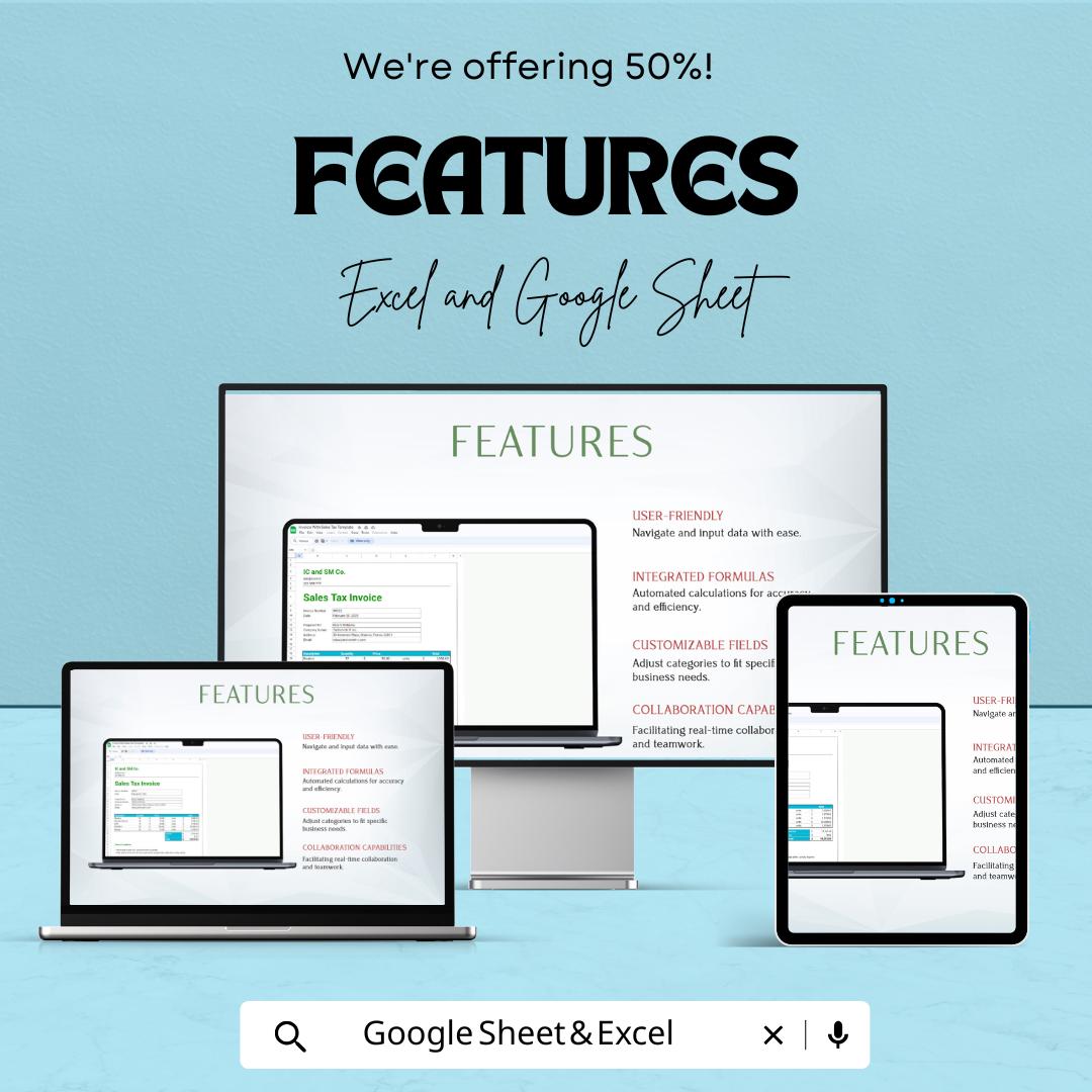 Invoice with Sales Tax Template Sheet - Editable Excel and Google Sheet | Simple & Professional Sales Invoice for Small Businesses