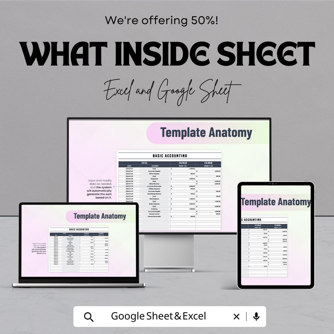 Basic Accounting Template | Excel and Google Sheets | Entry-Level Bookkeeping Spreadsheet | Debit & Credit Tracker | Simple Accounting Sheet
