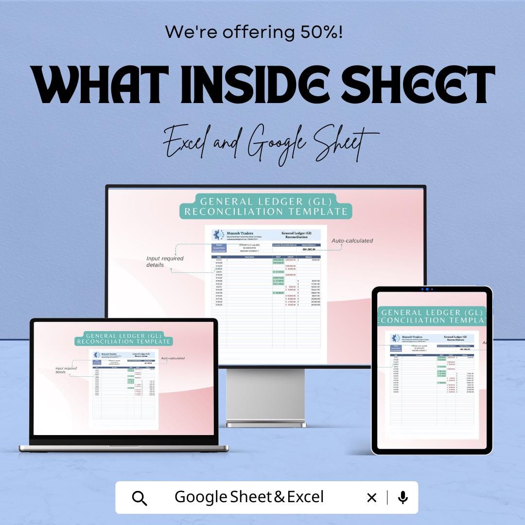 General Ledger (GL) Reconciliation Template | Excel & Google Sheets | Financial Statement Reconciliation Tool | Accounting Spreadsheet