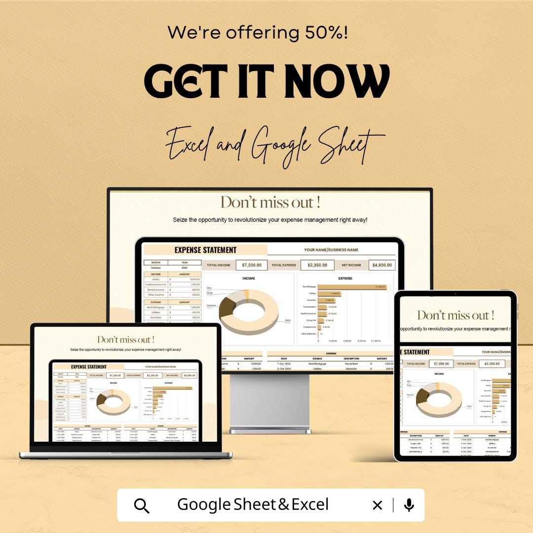Expense Statement Sheet for Business and Personal Use – Google Sheet and Excel Template for Income & Expense Management – 50% OFF