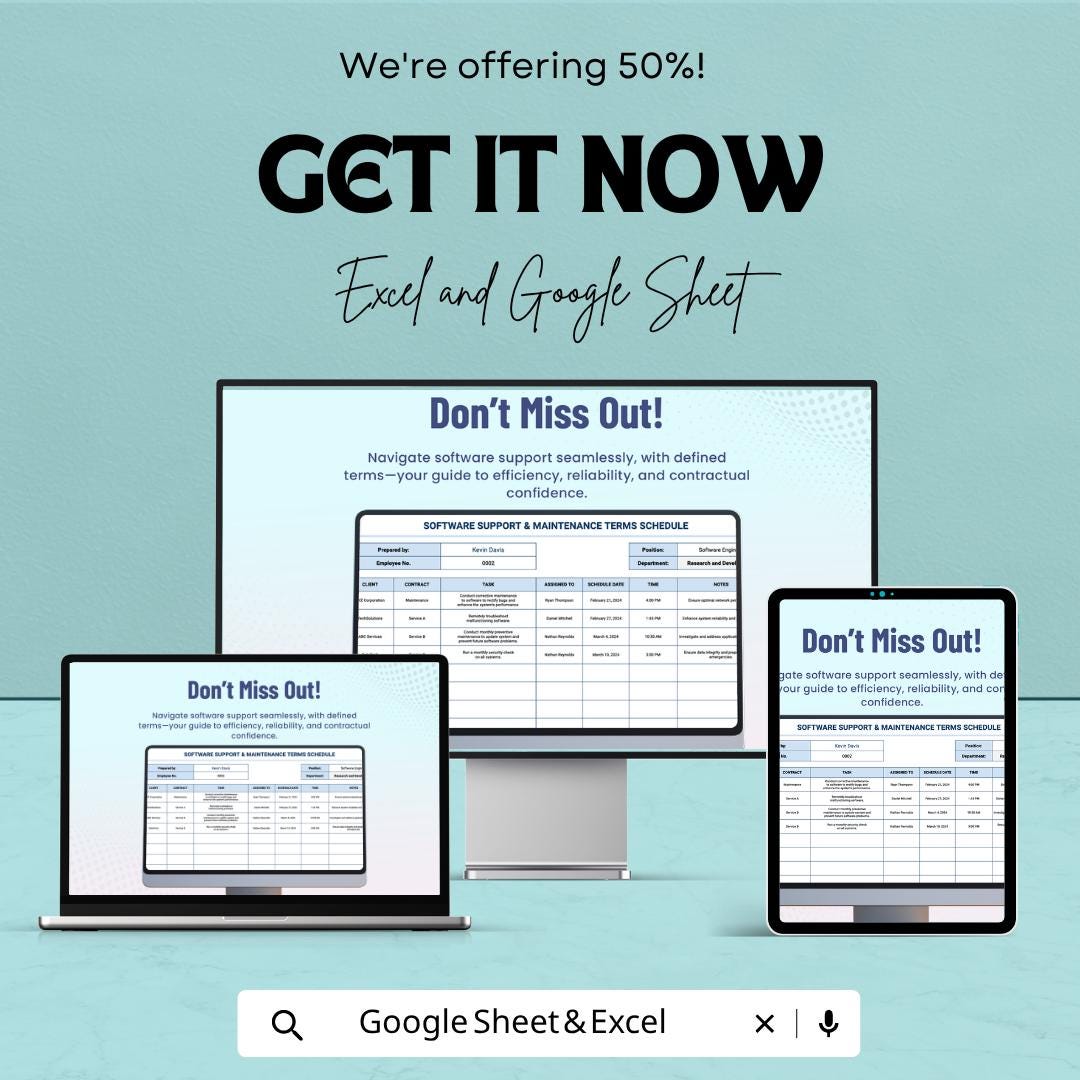 Software Support & Maintenance Template | Support Schedule Spreadsheet | IT Maintenance Tracker | Service Agreement Template |
