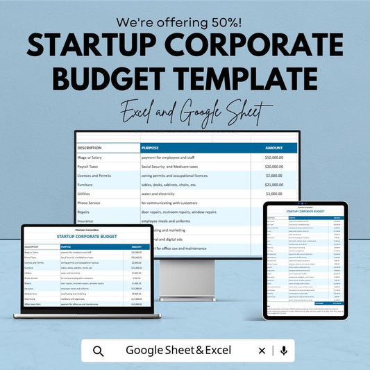 Startup Corporate Budget Template | Corporate Budget Spreadsheet | Business Financial Planning Sheet | Excel & Google Sheets |