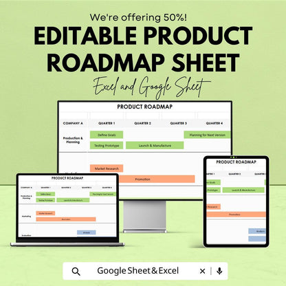 Editable Product Roadmap Sheet | Excel & Google Sheet Template | Customizable Project Planner | Timeline for Product Development