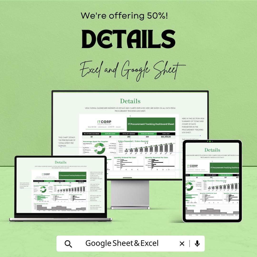 IT Procurement Tracking Dashboard Sheet Template | Excel and Google Sheets | Purchase Order & Supplier Management Tool
