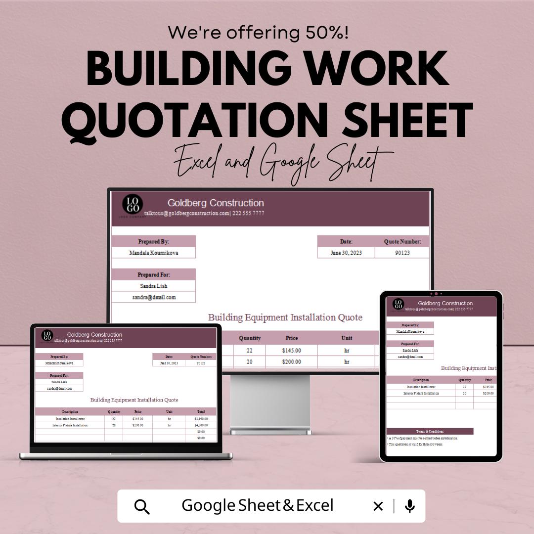 Building Work Quotation Sheet Template | Excel & Google Sheets | Construction Quote Form | Contractor Estimate | Digital Download
