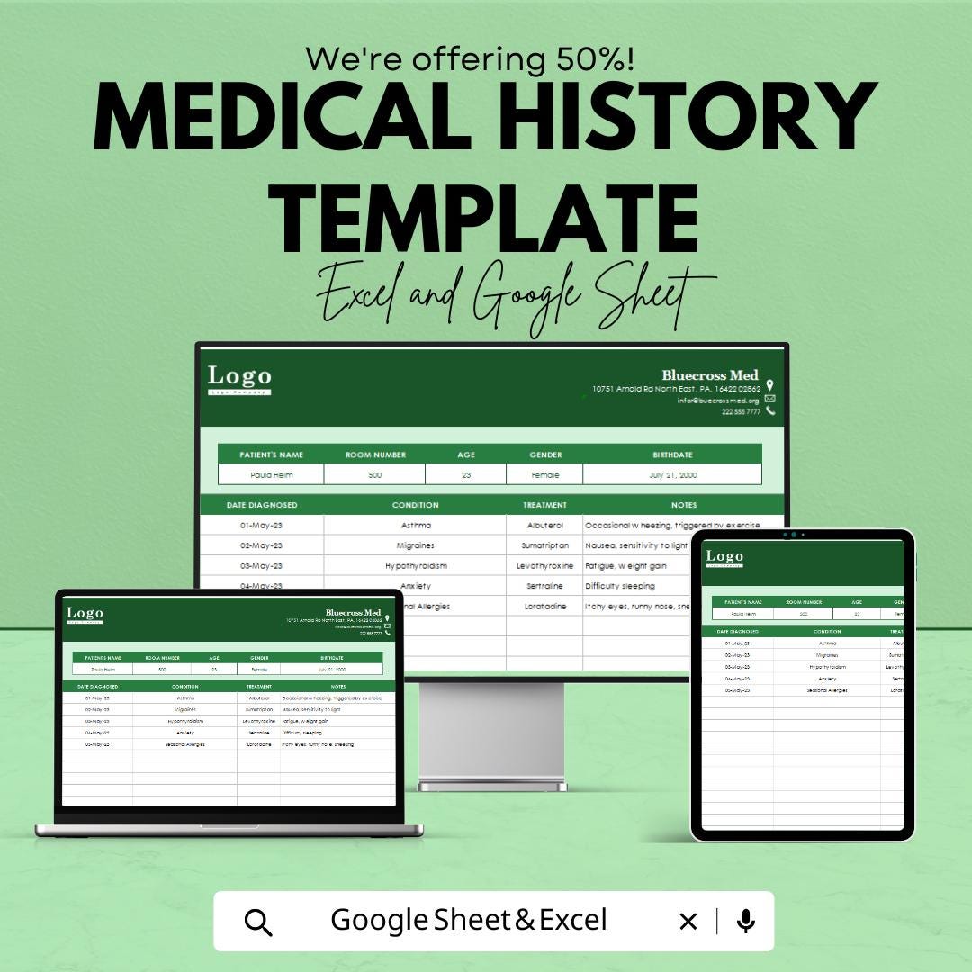 Medical History Template | Medical Record Tracker | Health History Form | Clinic Management Sheet