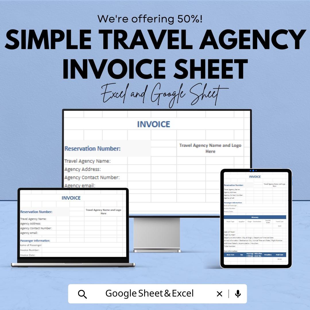 Simple Travel Agency Invoice Sheet - Excel and Google Sheets | Customizable Travel Invoice Template | Reservation & Payment Tracker
