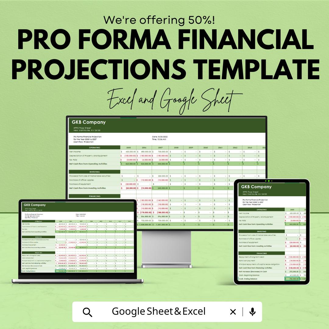 Pro Forma Financial Projections Template | Business Financial Forecast Spreadsheet | Cash Flow, Income & Balance Sheet Model