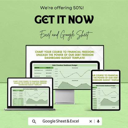Debt Freedom Dashboard Budget Sheet - Excel & Google Sheets Template - Track Debt, Payments, Budget Categories, and Progress