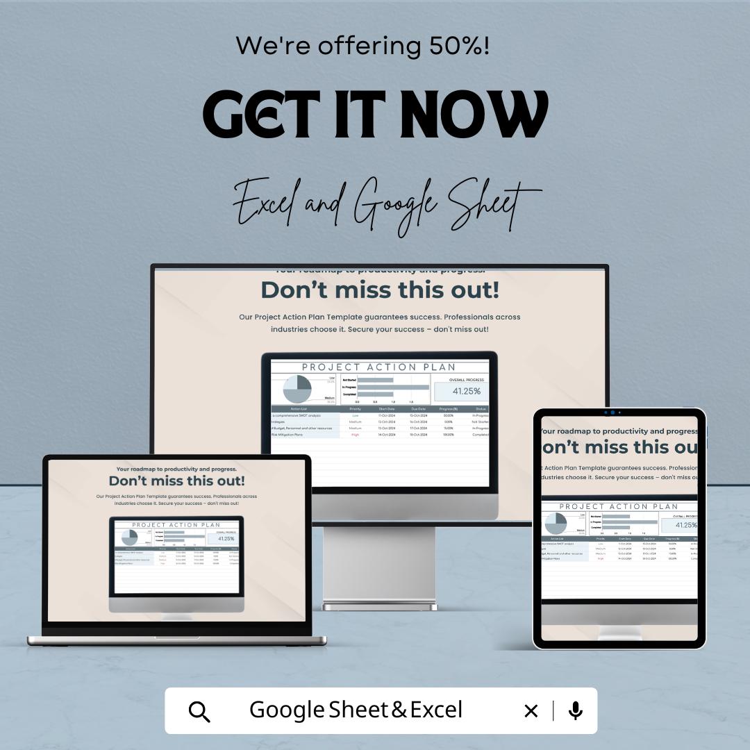 Project Action Plan Sheet | Task and Progress Tracker | Excel & Google Sheet | Project Management Template | Gantt Chart Planner