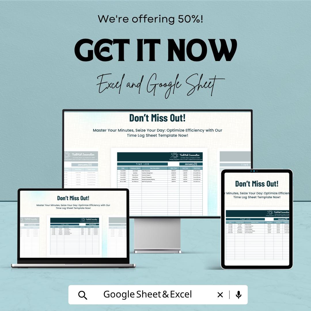 Time Log Sheet Template | Excel Time Tracker Spreadsheet | Employee Hours Tracker Template | Google Sheets & Excel |