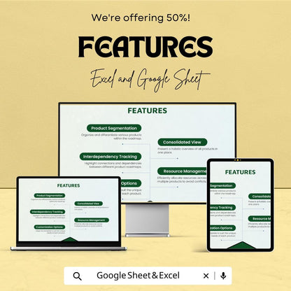 Multiple Product Roadmap Template - Editable Excel and Google Sheets - Plan & Track Product Progress Across Multiple Quarters