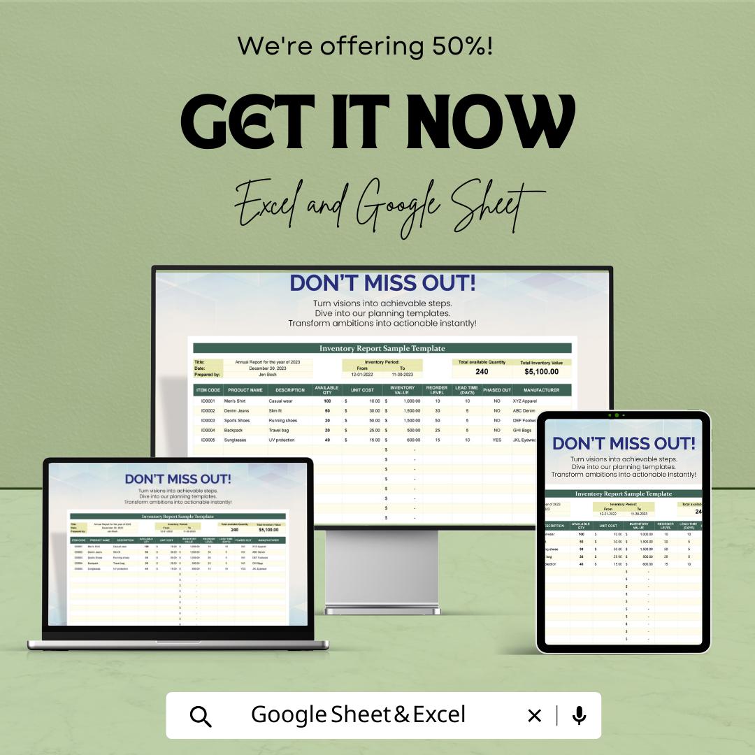 Inventory Report Template Excel, Stock Report Spreadsheet, Inventory Summary Dashboard, Product Inventory Log, Google Sheets Tracker